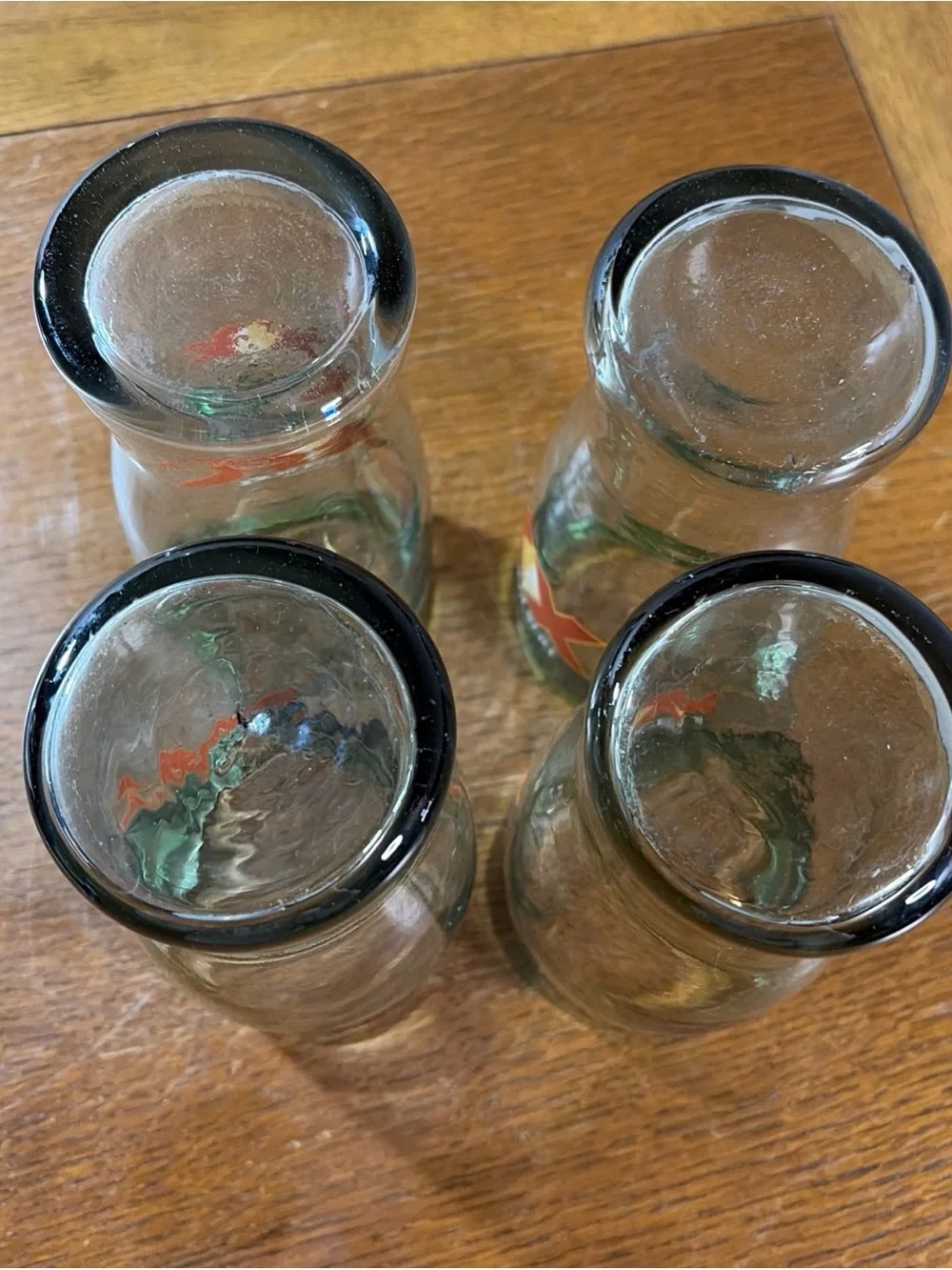 Dos Equis XX Hand Blown Beer Glasses  Heavyweight Thick Bubbles Green Rim Set 4